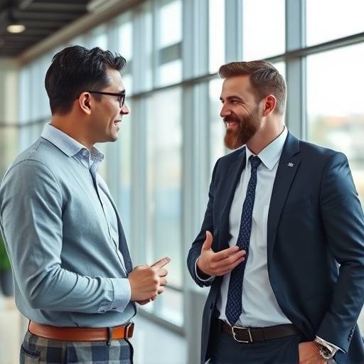 Un consultor hablando con un cliente en una oficina moderna, representando la consultor&iacute;a estrat&eacute;gica